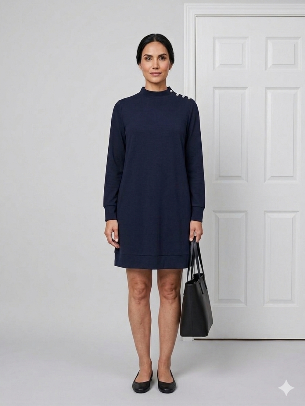 Zara Navy Blue Mock Neck Long Sleeve Top with Pearl Button Accents Medium